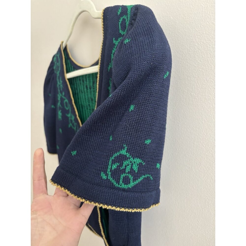 Vintage Blue Green Knit Wrap Sweater Cropped Fit Deep V Puff Sleeves Union Small - Picture 3 of 12